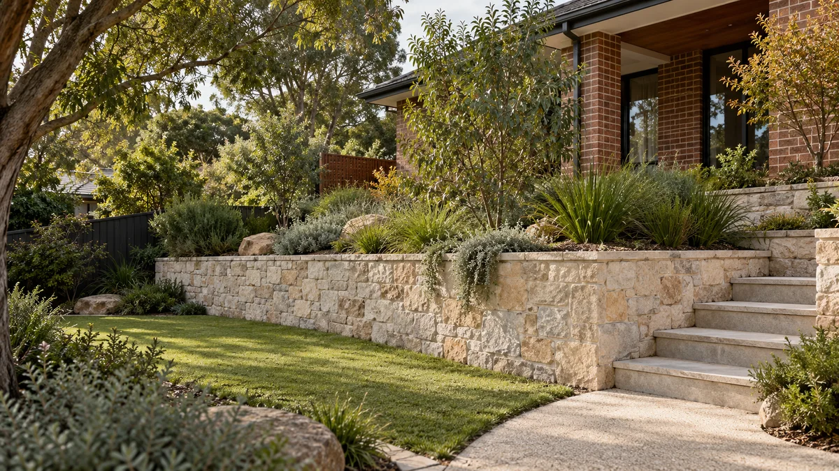 Garden concept for Glen Waverley, featuring a pale mortared masonry retaining wall