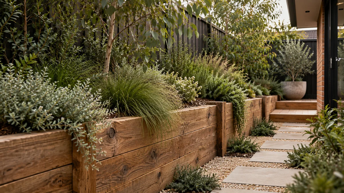 Garden concept for Richmond, featuring a warm timber sleeper retaining wall
